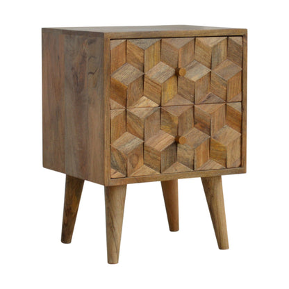 Cube Carved Oak-ish Bedside Table