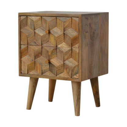 Cube Carved Oak-ish Bedside Table