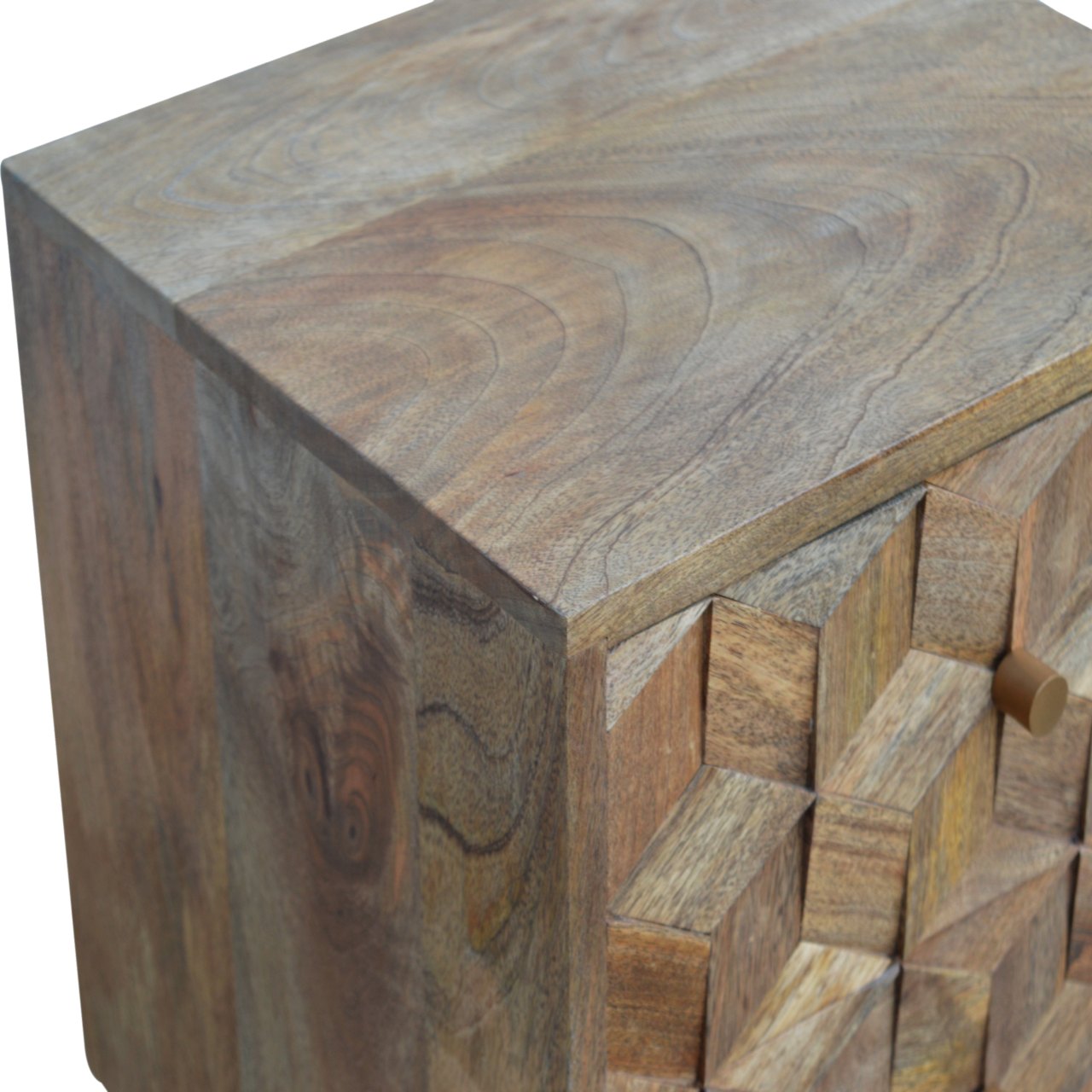 Cube Carved Oak-ish Bedside Table