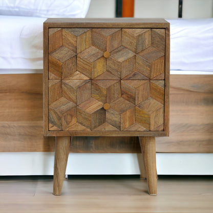 Cube Carved Oak-ish Bedside Table