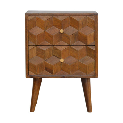 Cube Carved Chestnut Bedside Table