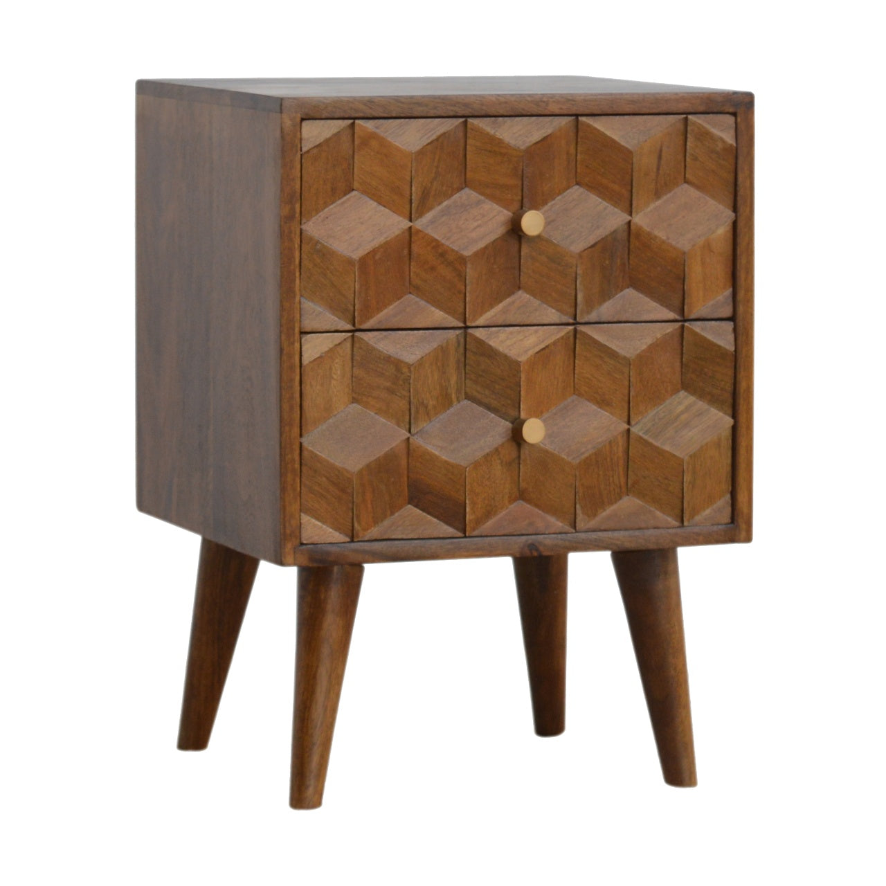 Cube Carved Chestnut Bedside Table