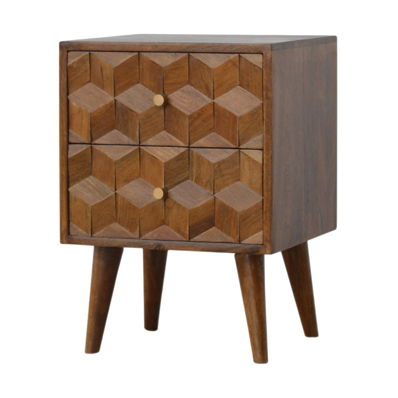 Cube Carved Chestnut Bedside Table