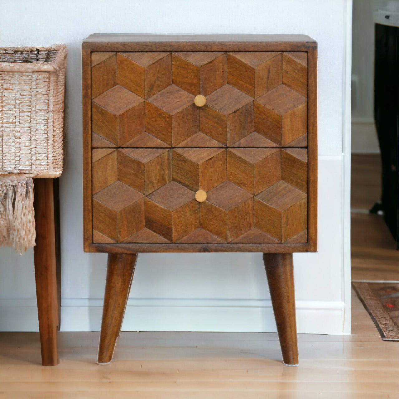 Cube Carved Chestnut Bedside Table